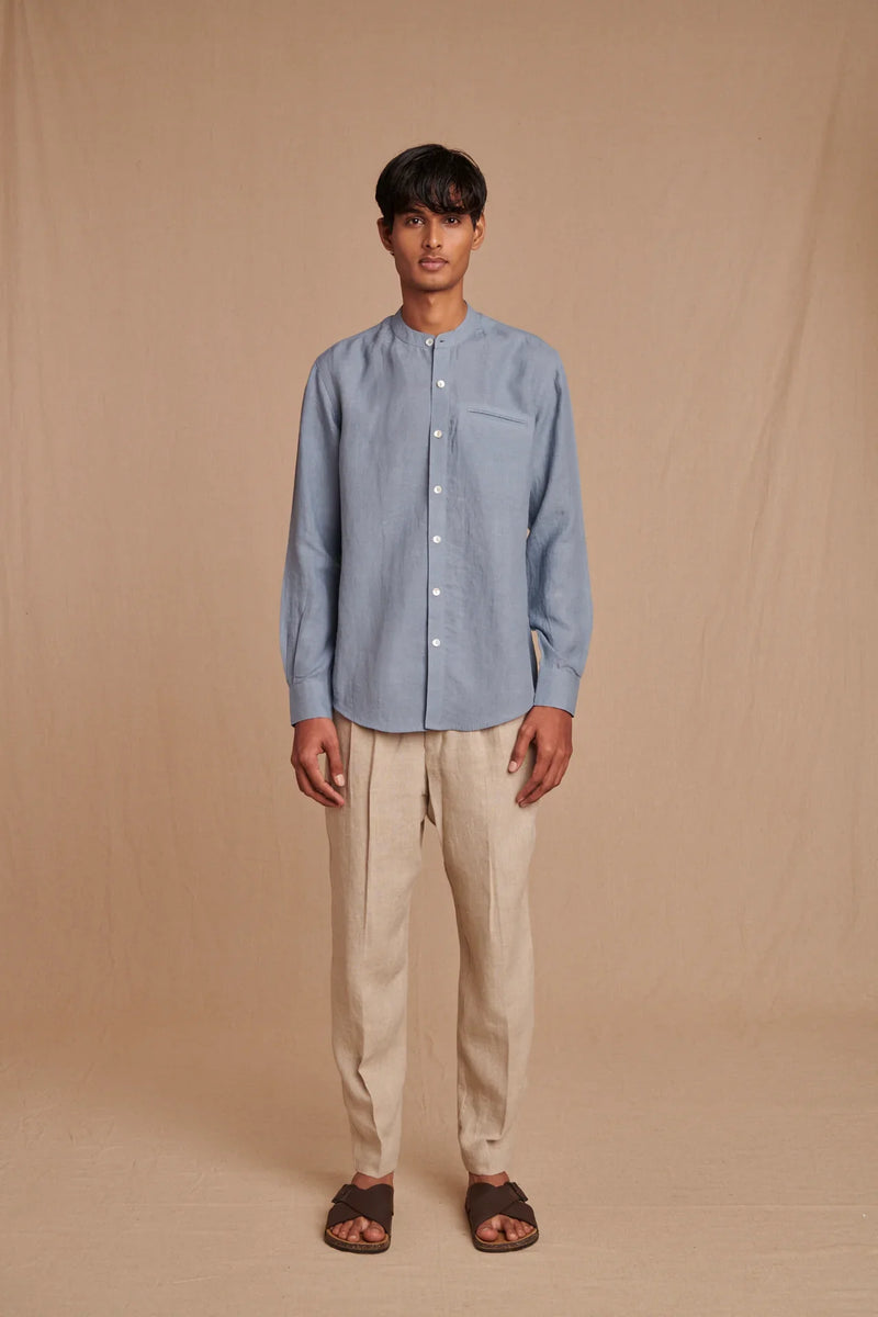 Sky Linen Men's Band Collar Shirt - Slim Fit linen by Saphed Men for men Worldwide