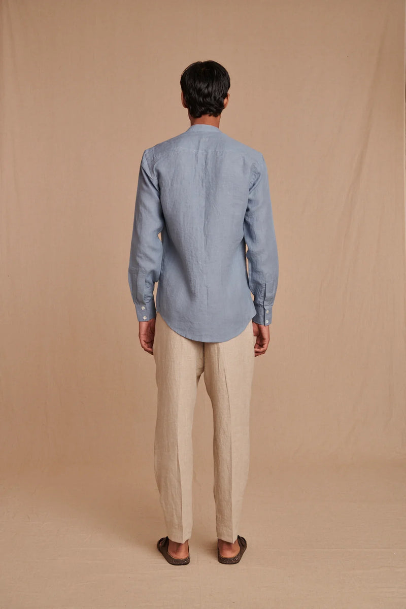 Sky Linen Men's Band Collar Shirt - Slim Fit linen by Saphed Men for men Worldwide