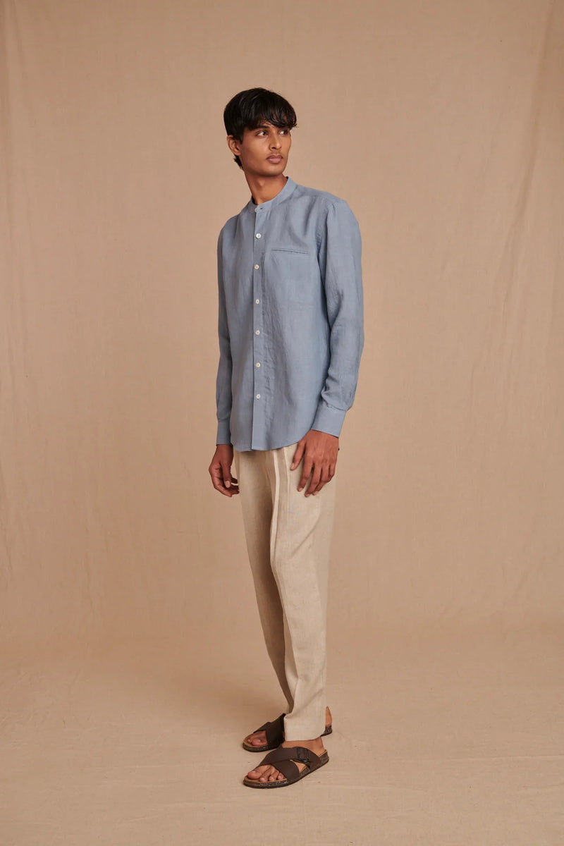 Sky Linen Men's Band Collar Shirt - Slim Fit linen by Saphed Men for men Worldwide