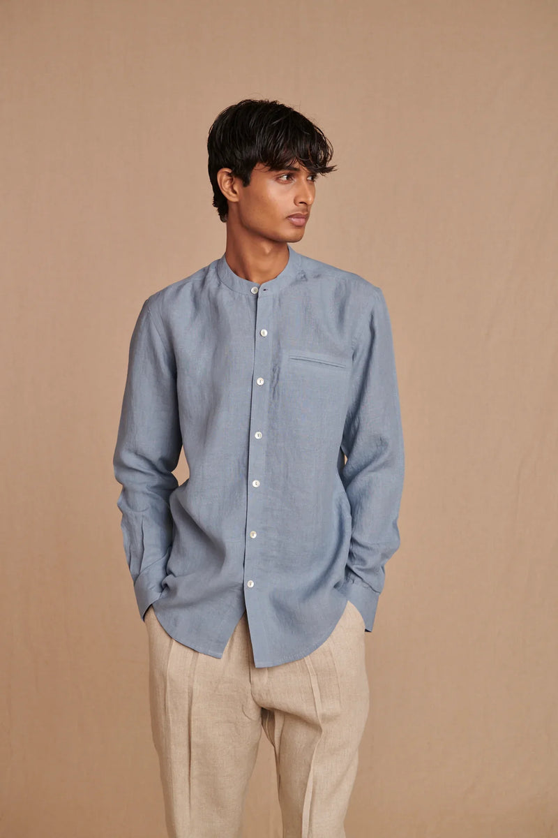 Sky Linen Men's Band Collar Shirt - Slim Fit linen by Saphed Men for men Worldwide