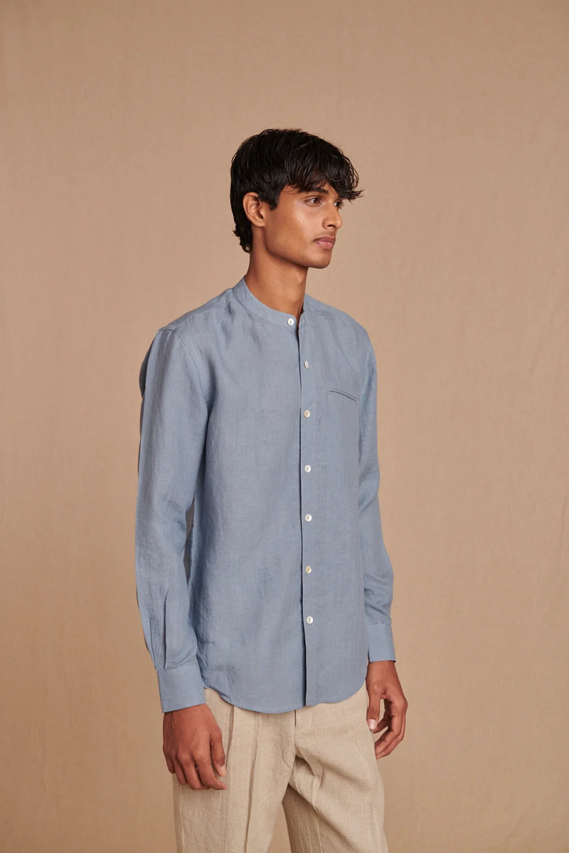 Sky Linen Men's Band Collar Shirt - Slim Fit linen by Saphed Men for men Worldwide