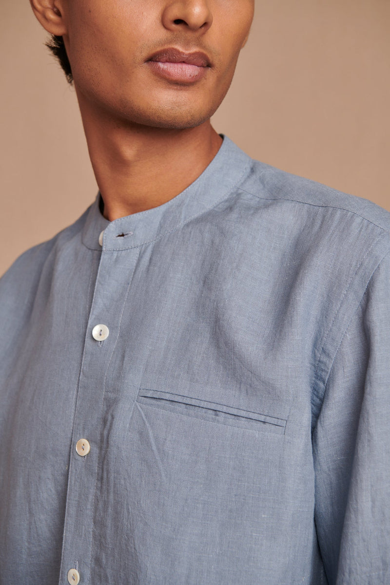 Sky Linen Men's Band Collar Shirt - Slim Fit linen by Saphed Men for men Worldwide