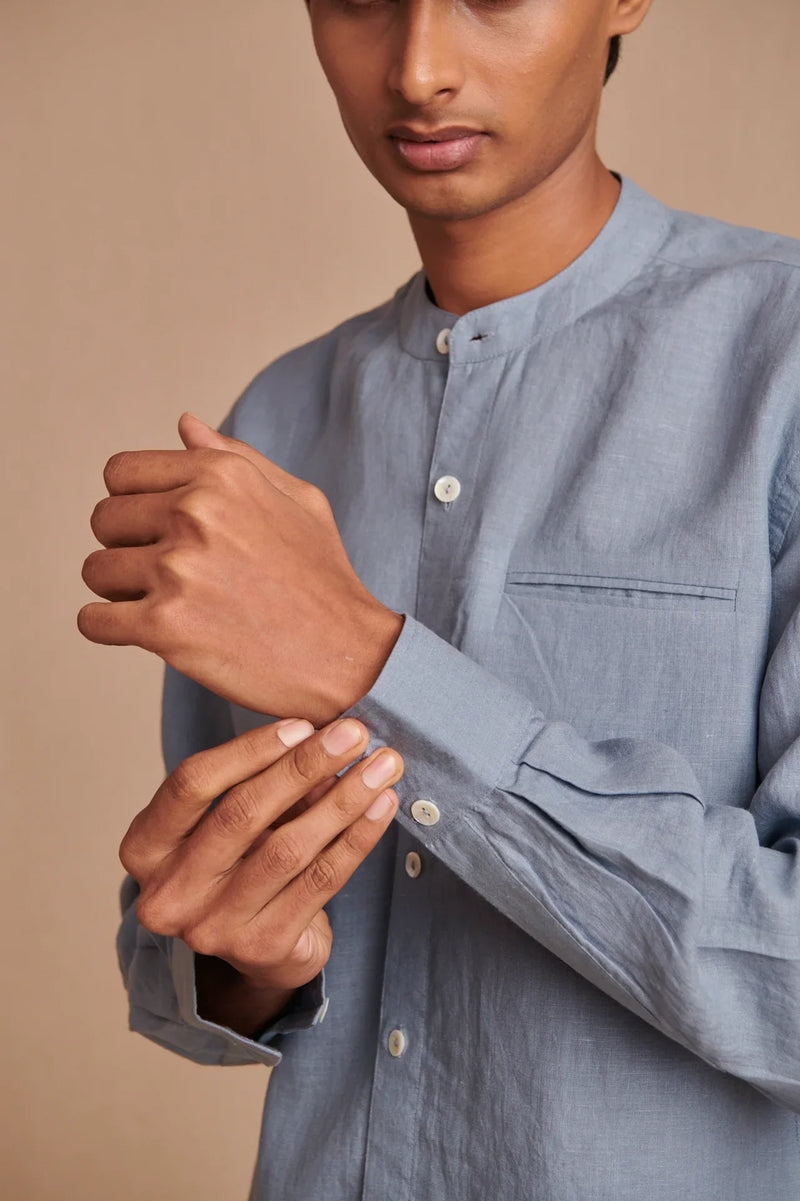 Sky Linen Men's Band Collar Shirt - Slim Fit linen by Saphed Men for men Worldwide