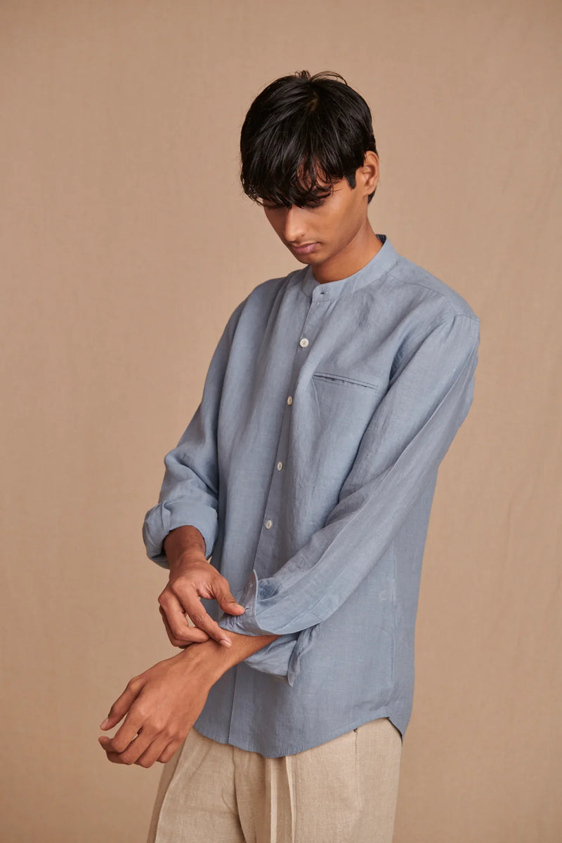 Sky Linen Men's Band Collar Shirt - Slim Fit linen by Saphed Men for men Worldwide