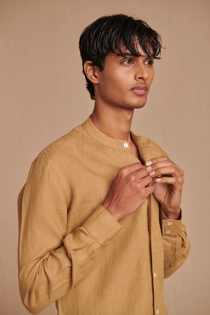 Husk Linen Men's Band Collar Shirt - Slim Fit linen by Saphed Men for men Worldwide