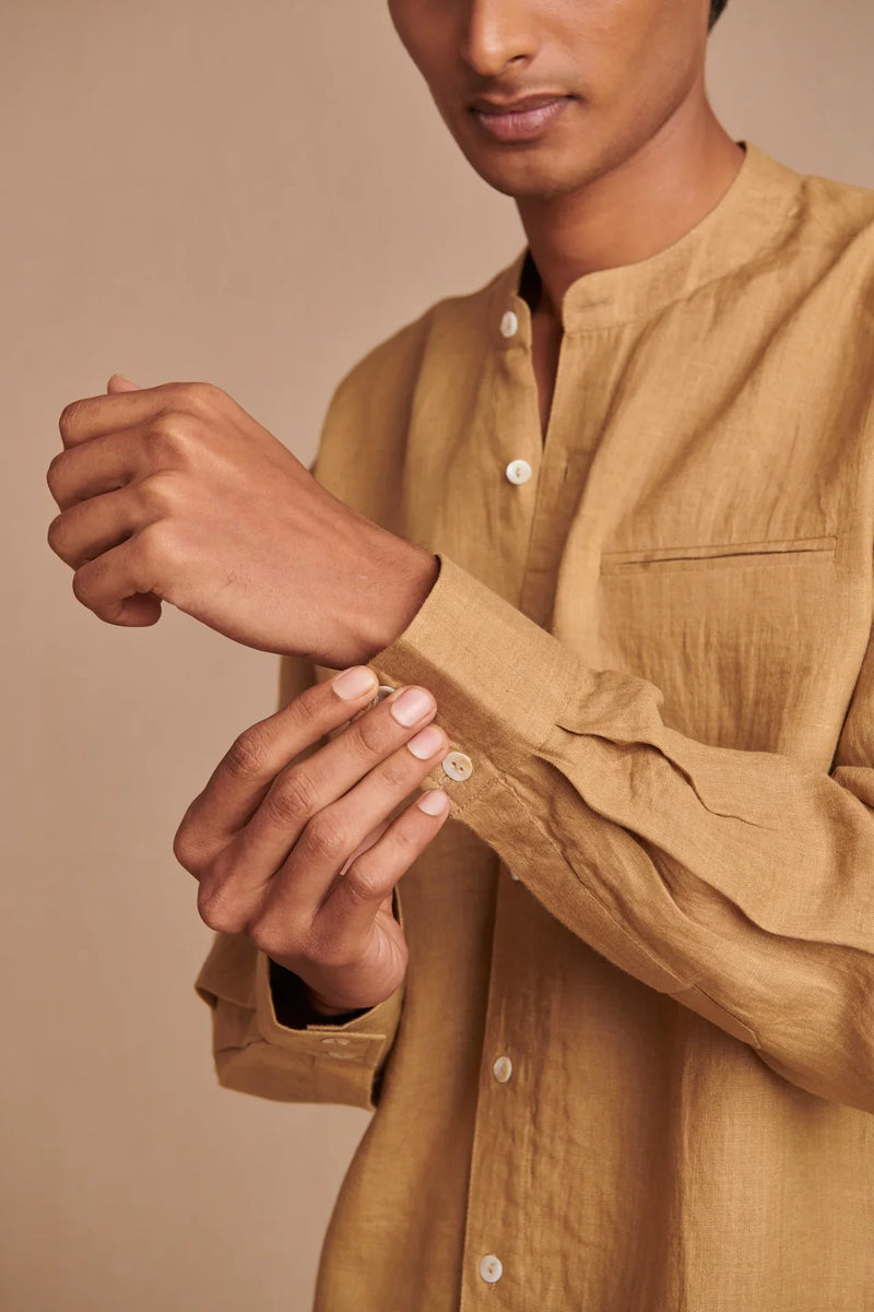 Husk Linen Men's Band Collar Shirt - Slim Fit linen by Saphed Men for men Worldwide