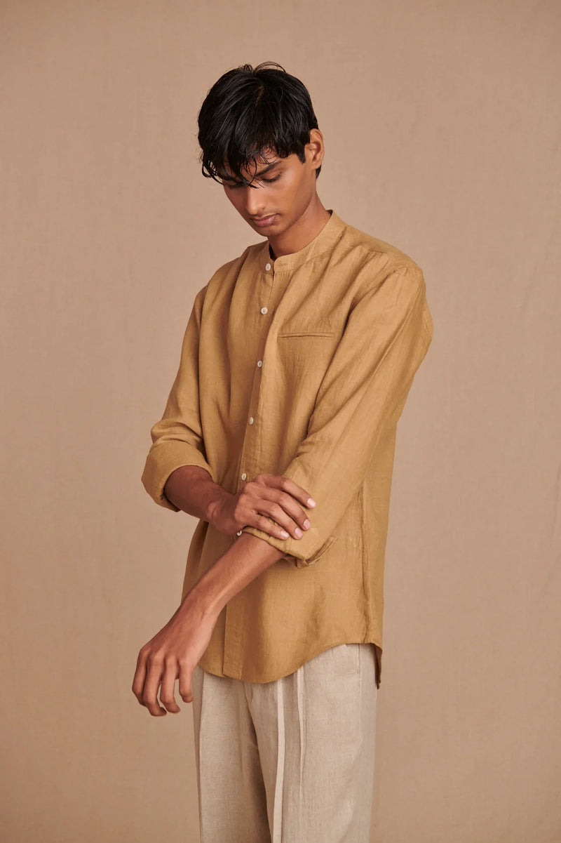 Husk Linen Men's Band Collar Shirt - Slim Fit linen by Saphed Men for men Worldwide