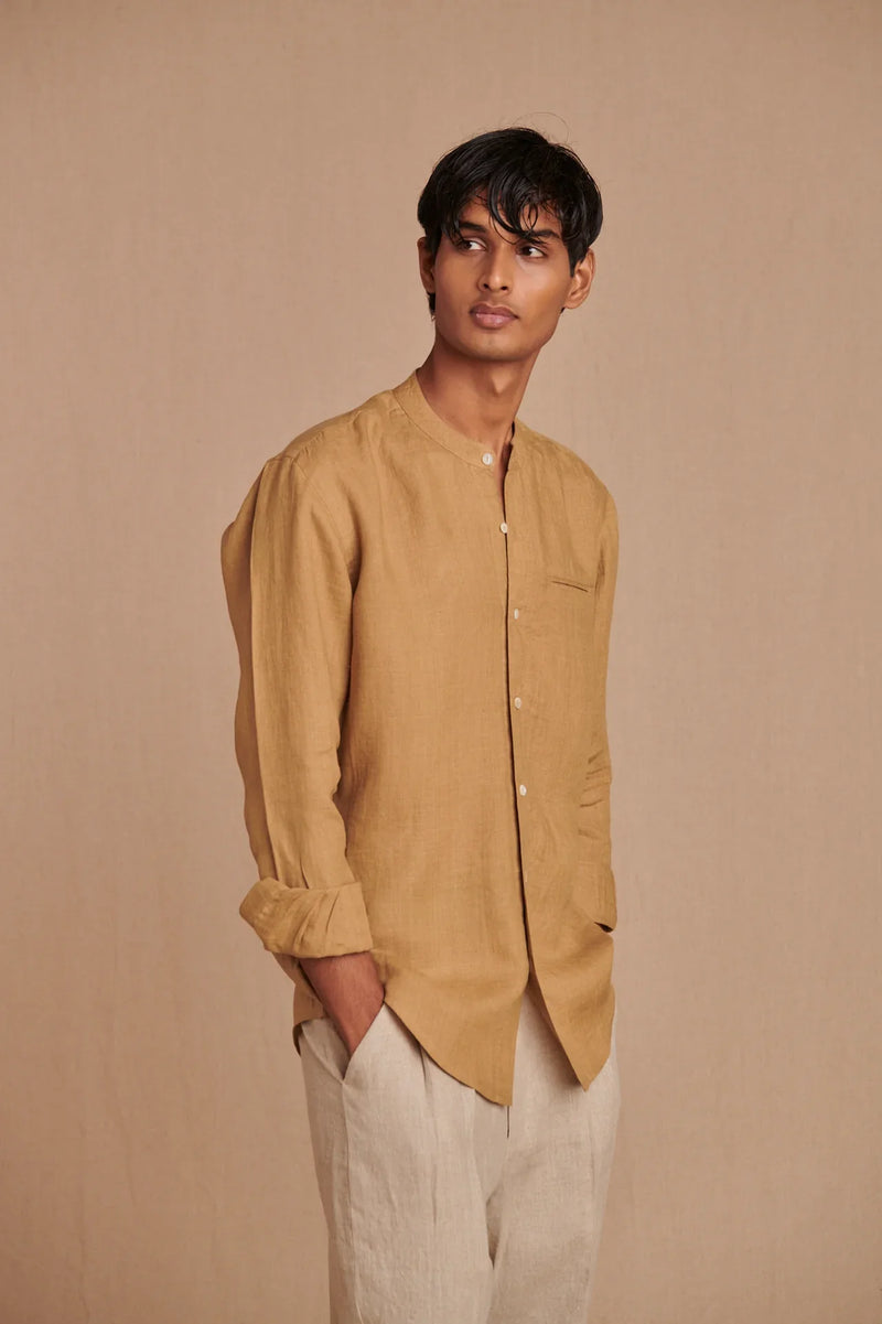 Husk Linen Men's Band Collar Shirt - Slim Fit linen by Saphed Men for men Worldwide