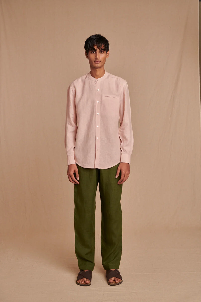 Blush Linen Men's Band Collar Shirt - Slim Fit linen by Saphed Men for men Worldwide