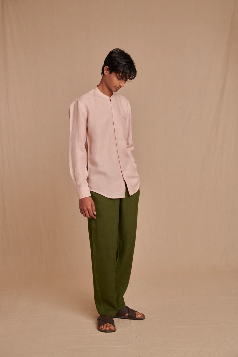 Blush Linen Men's Band Collar Shirt - Slim Fit linen by Saphed Men for men Worldwide