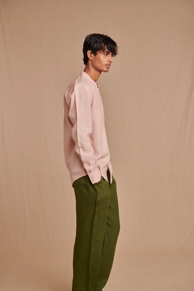Blush Linen Men's Band Collar Shirt - Slim Fit linen by Saphed Men for men Worldwide