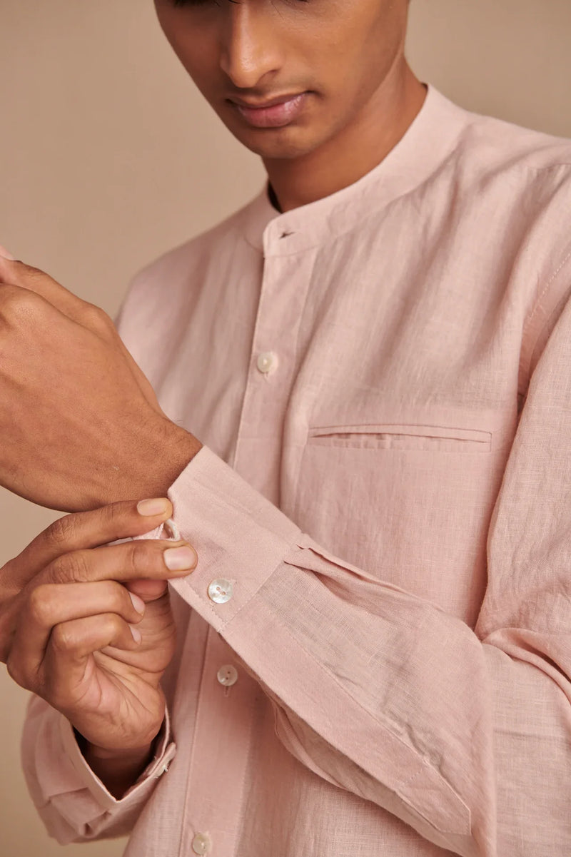 Blush Linen Men's Band Collar Shirt - Slim Fit linen by Saphed Men for men Worldwide