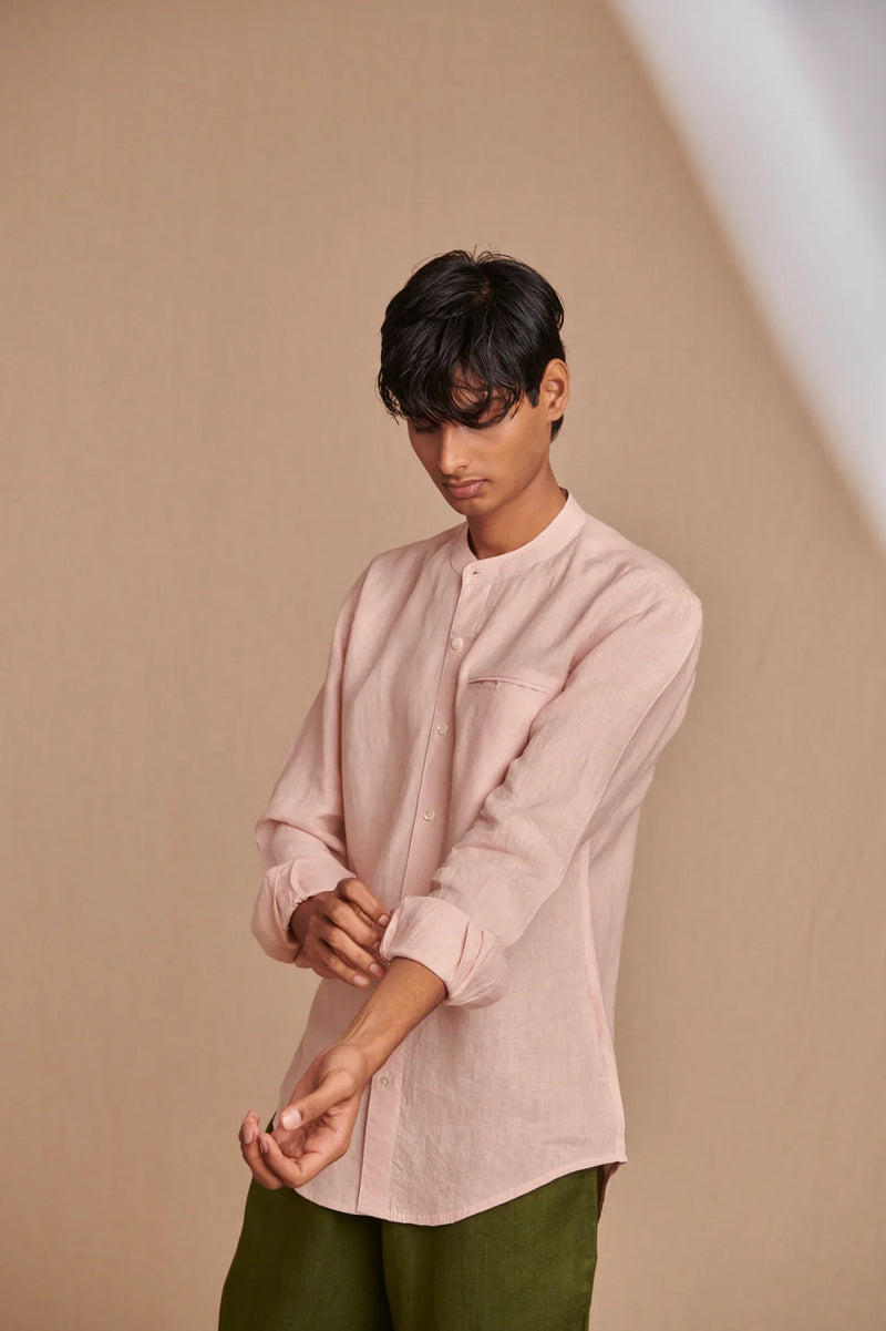 Blush Linen Men's Band Collar Shirt - Slim Fit linen by Saphed Men for men Worldwide