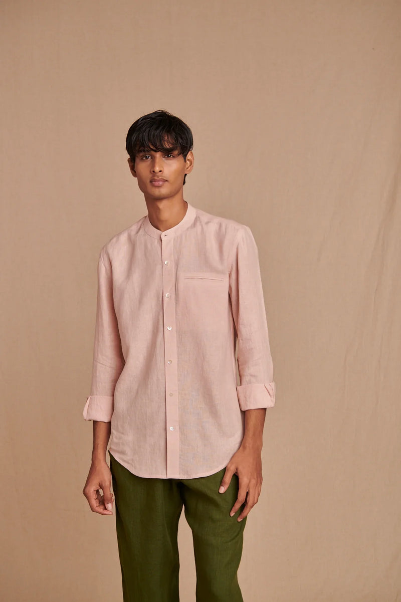 Blush Linen Men's Band Collar Shirt - Slim Fit linen by Saphed Men for men Worldwide