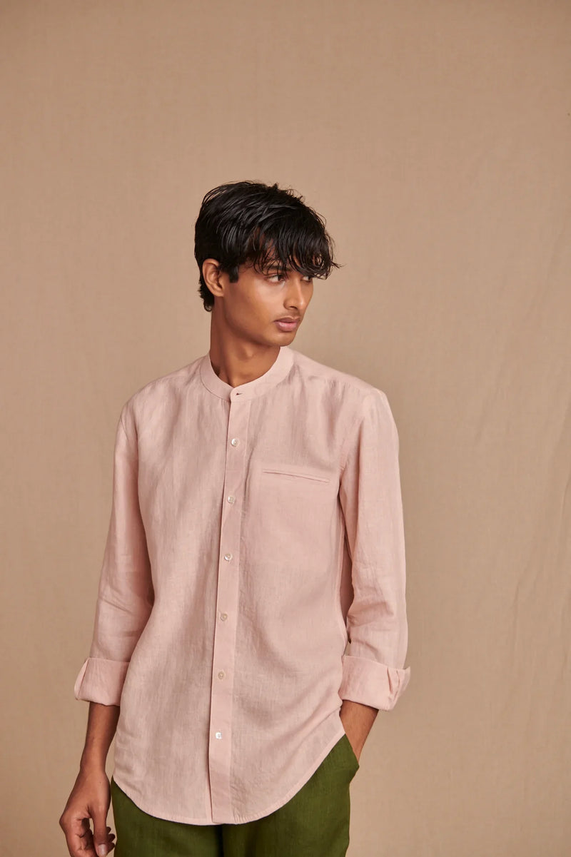 Blush Linen Men's Band Collar Shirt - Slim Fit linen by Saphed Men for men Worldwide