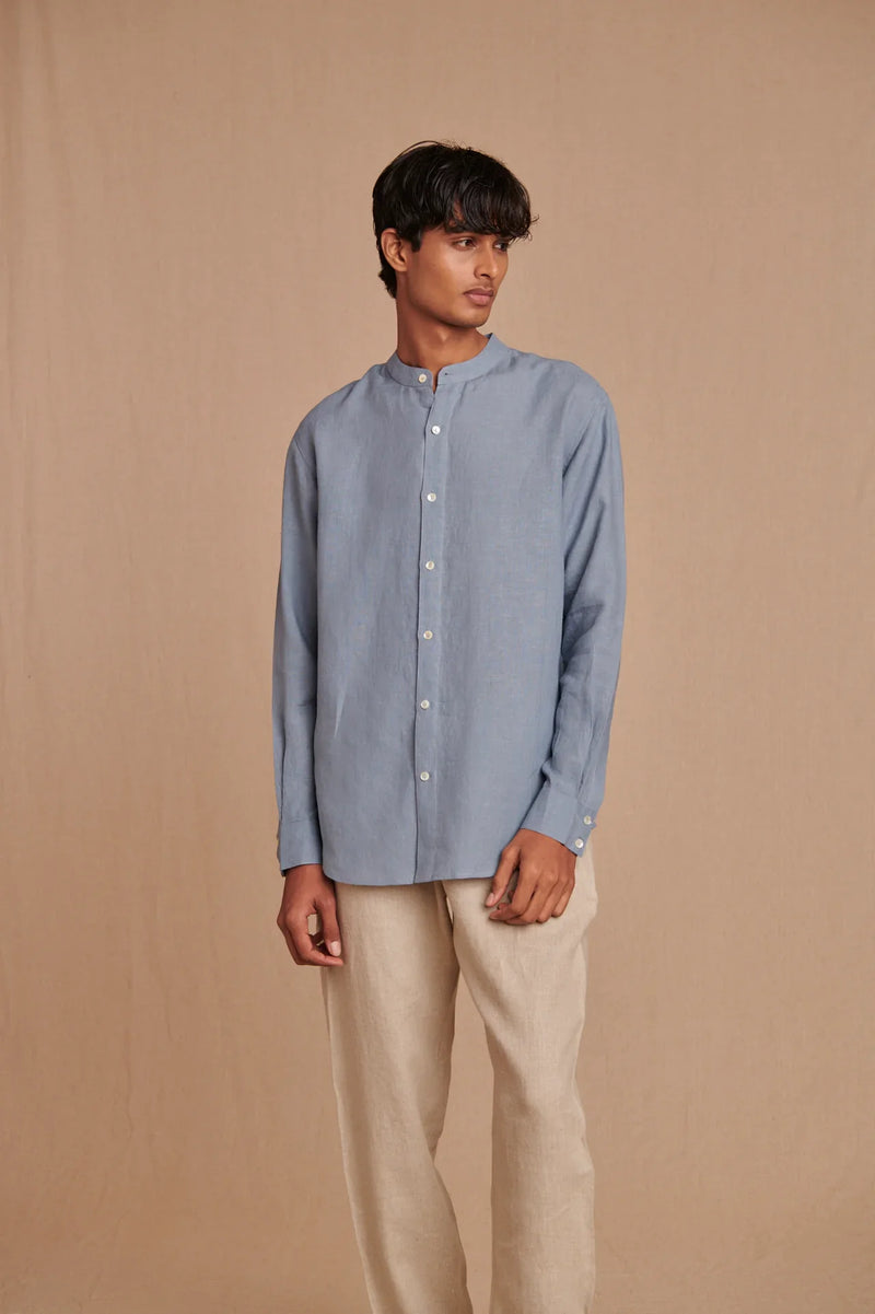 Sky Linen Men's Band Collar Shirt linen by Saphed Men for men Worldwide