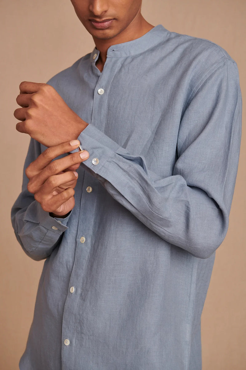 Sky Linen Men's Band Collar Shirt linen by Saphed Men for men Worldwide
