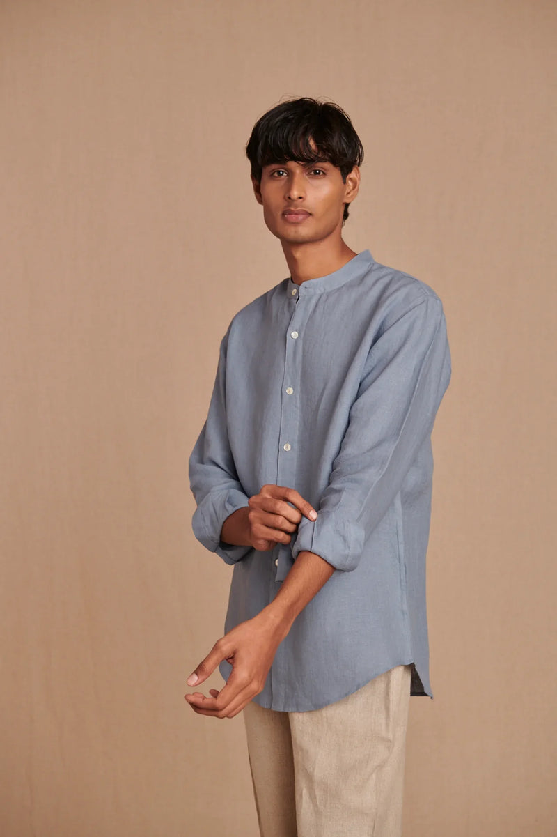 Sky Linen Men's Band Collar Shirt linen by Saphed Men for men Worldwide