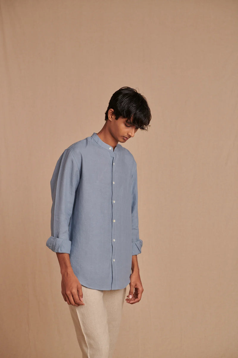Sky Linen Men's Band Collar Shirt linen by Saphed Men for men Worldwide