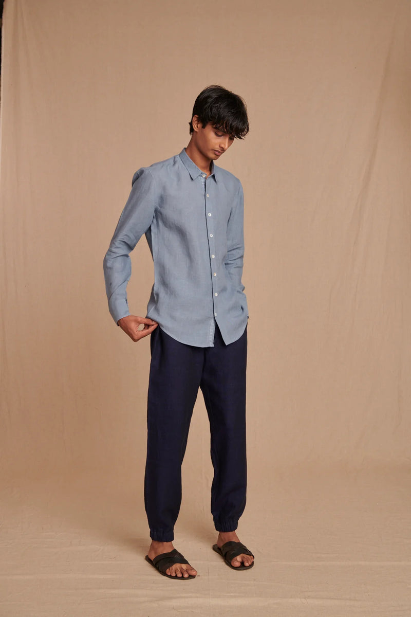 Sky Linen Men's Oxford Shirt - Slim Fit linen by Saphed Men for men Worldwide