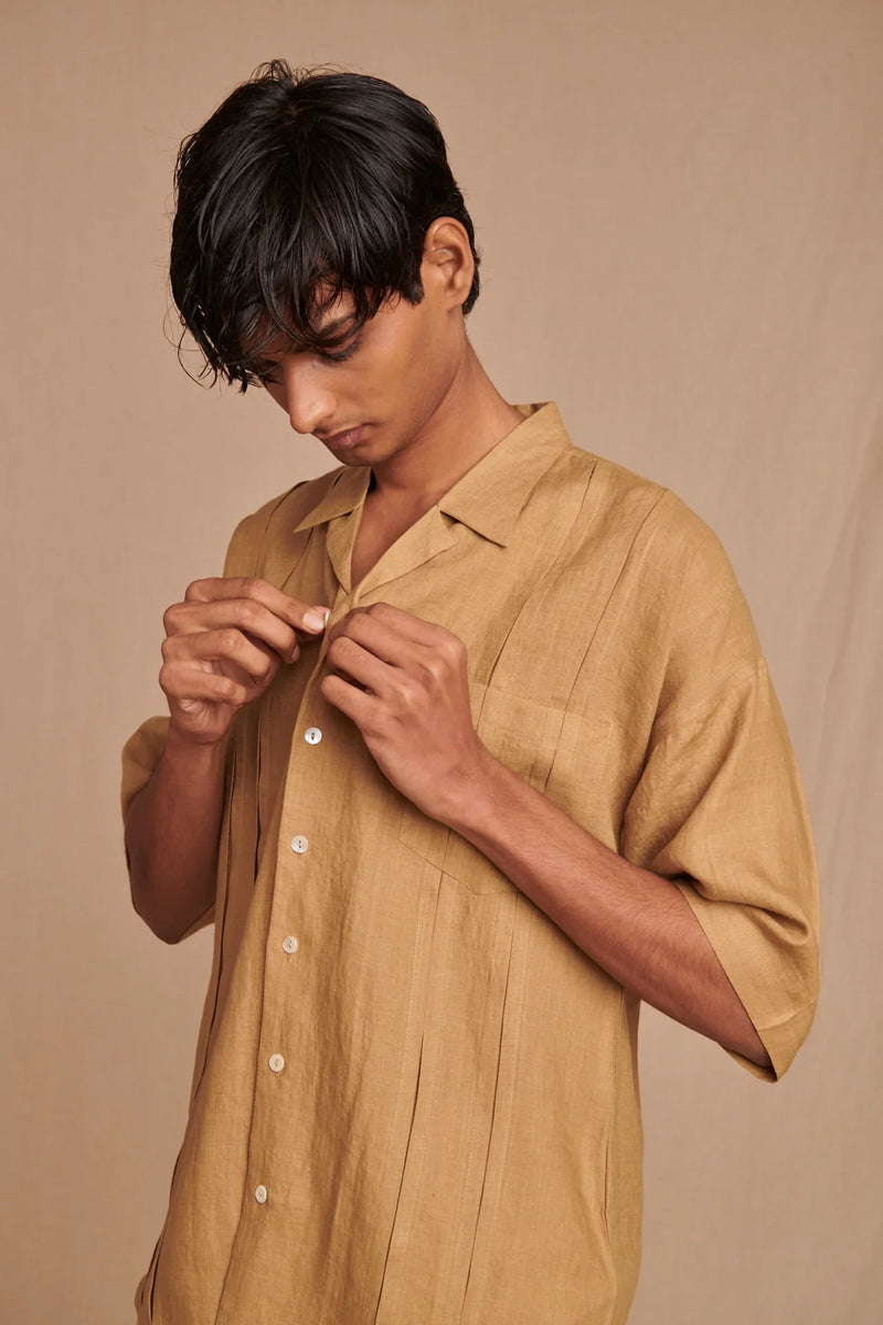 Husk Linen Men's Pleated Camp Collar Shirt linen by Saphed Men for men Worldwide