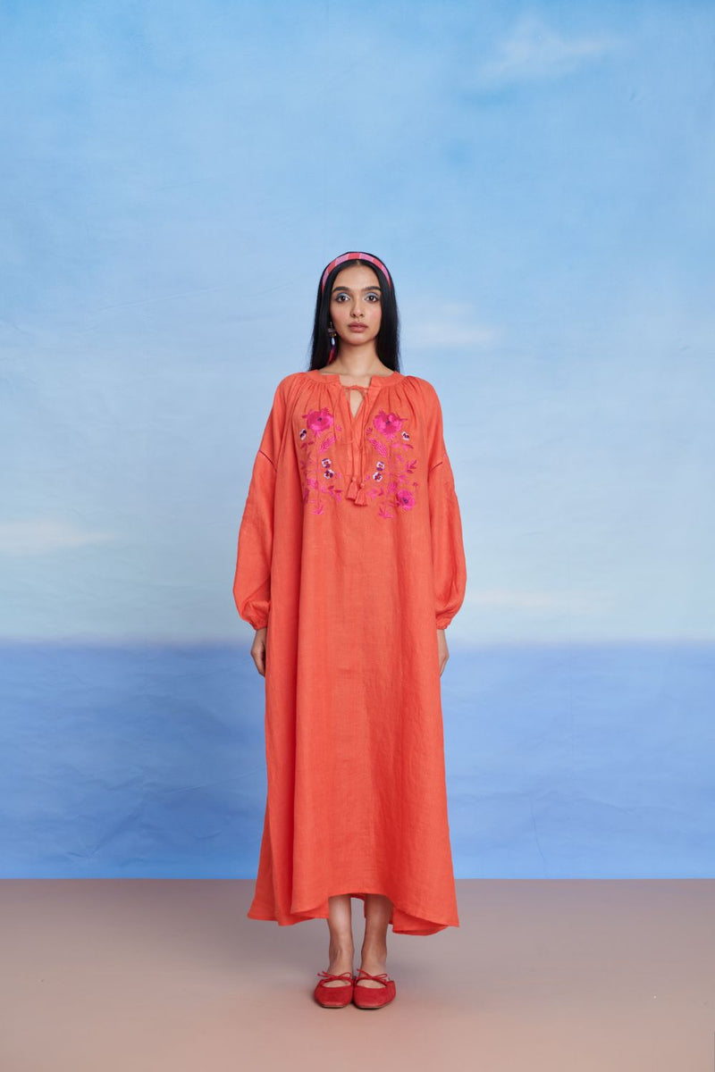 Tangerine Linen Puff Sleeves Dress linen by Saphed in orange color for women Worldwide
