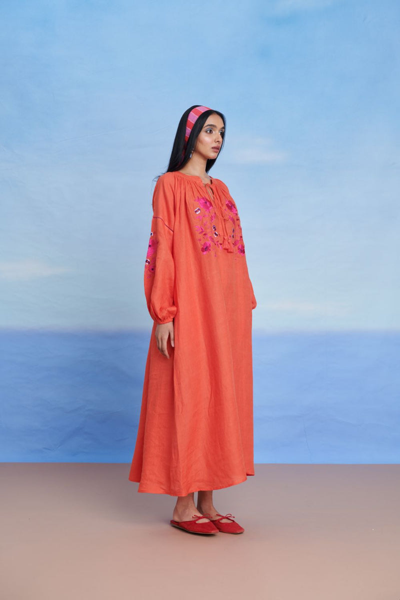 Tangerine Linen Puff Sleeves Dress linen by Saphed in orange color for women Worldwide