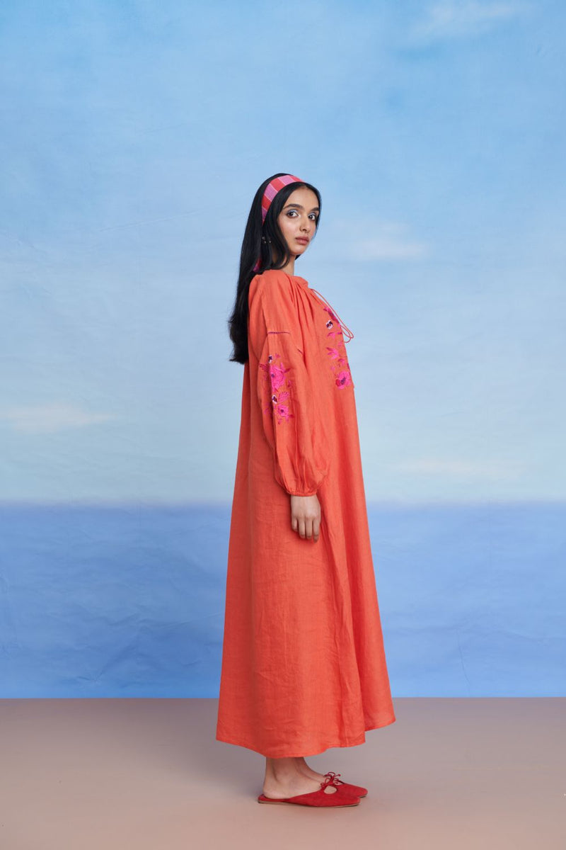Tangerine Linen Puff Sleeves Dress linen by Saphed in orange color for women Worldwide