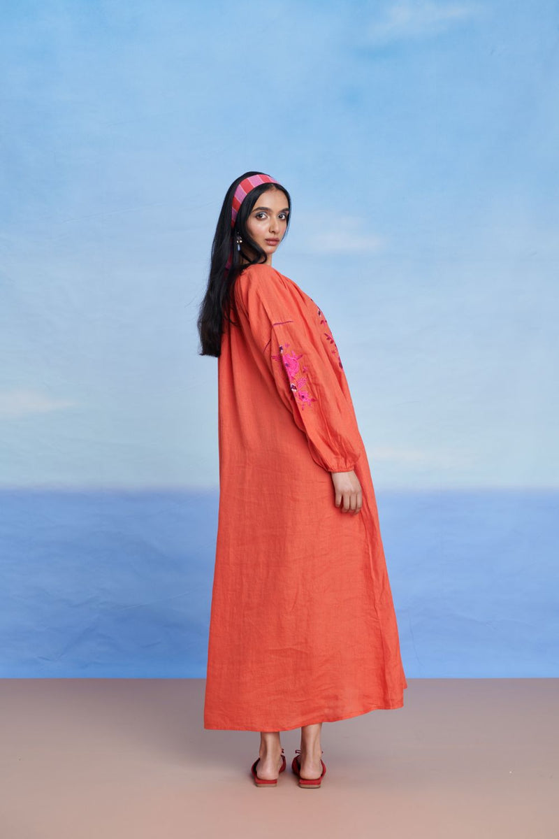 Tangerine Linen Puff Sleeves Dress linen by Saphed in orange color for women Worldwide