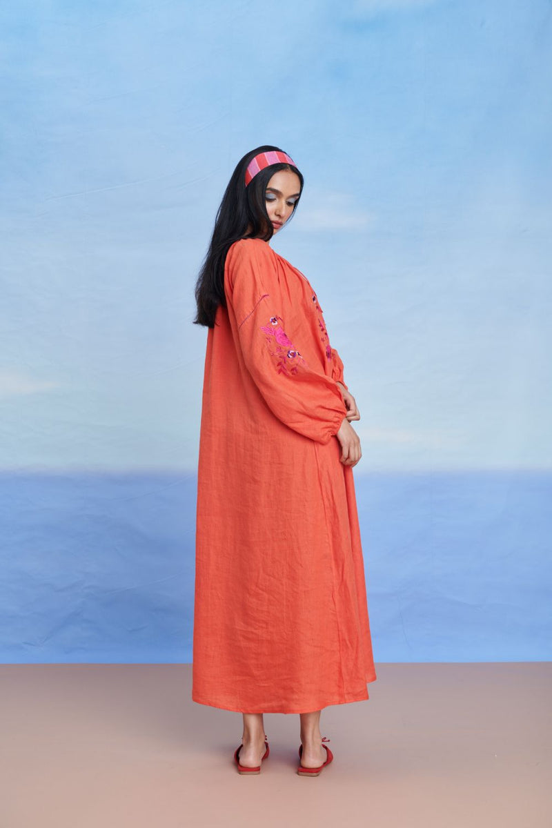 Tangerine Linen Puff Sleeves Dress linen by Saphed in orange color for women Worldwide