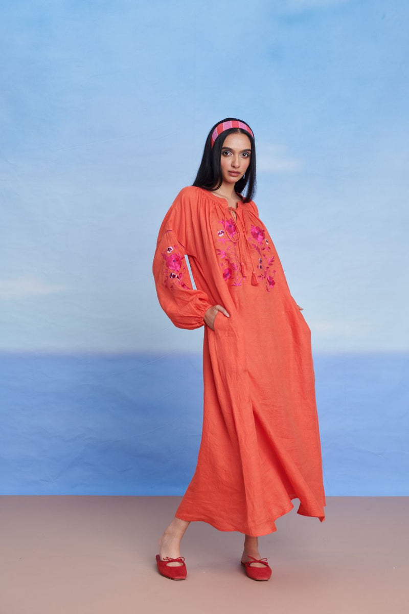 Tangerine Linen Puff Sleeves Dress linen by Saphed in orange color for women Worldwide