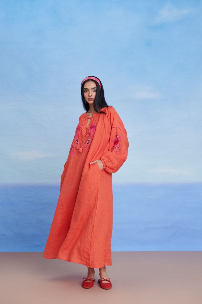 Tangerine Linen Puff Sleeves Dress linen by Saphed in orange color for women Worldwide
