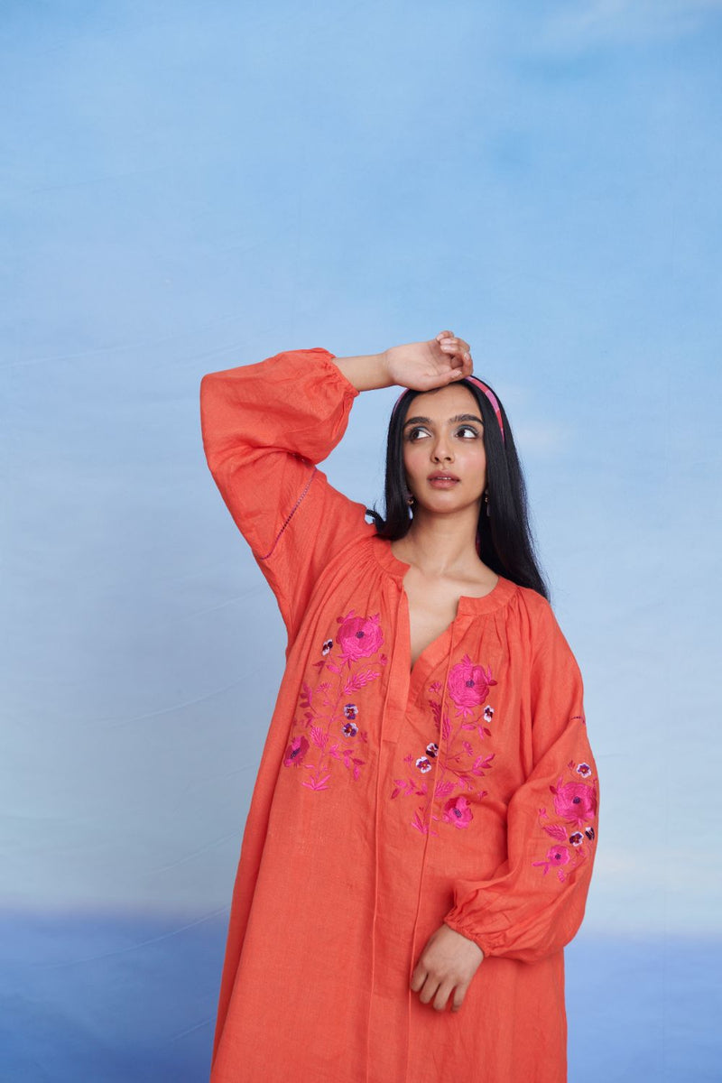 Tangerine Linen Puff Sleeves Dress linen by Saphed in orange color for women Worldwide