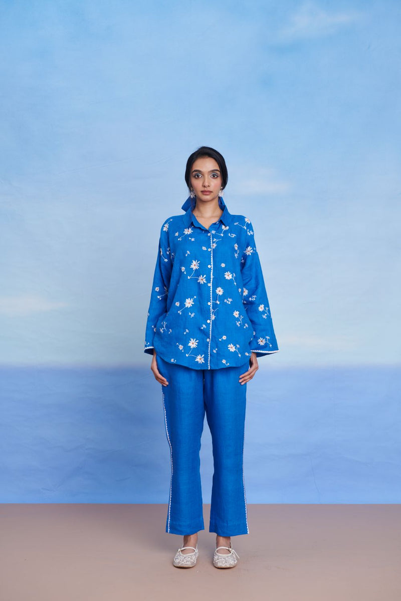 Santorini Linen Oversized Flared Shirt Set linen by Saphed in blue color for women Worldwide