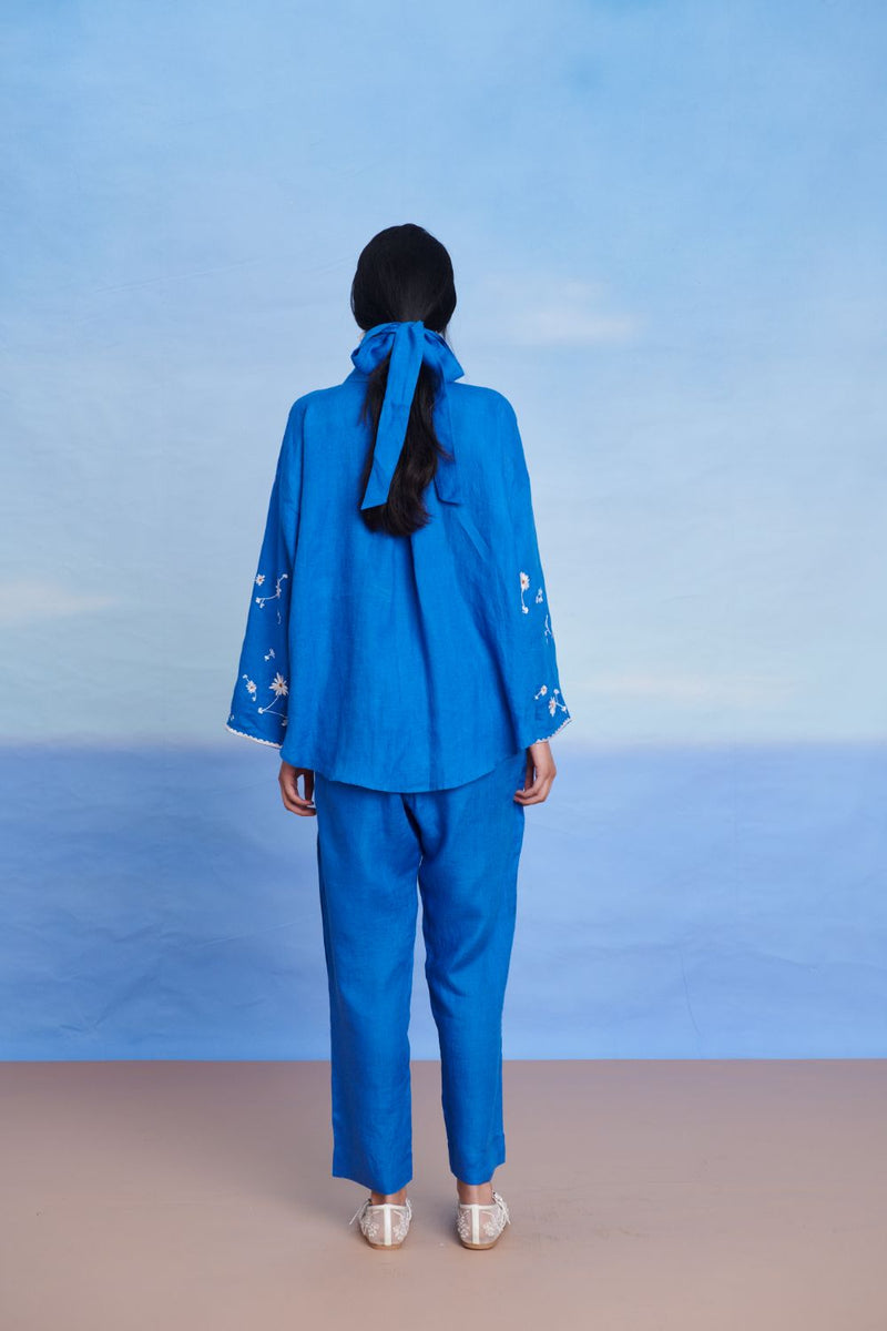 Santorini Linen Pleated Pants linen by Saphed in blue color for women Worldwide