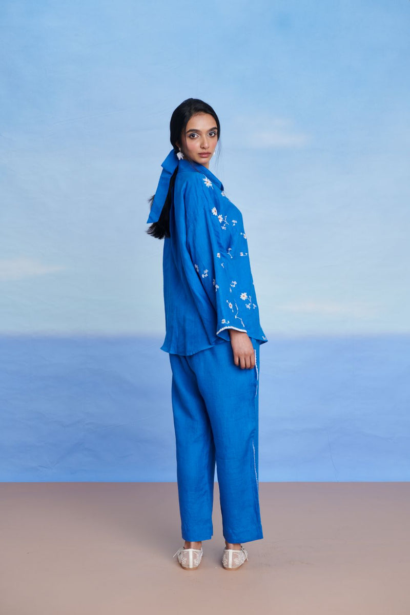 Santorini Linen Oversized Flared Shirt Set linen by Saphed in blue color for women Worldwide