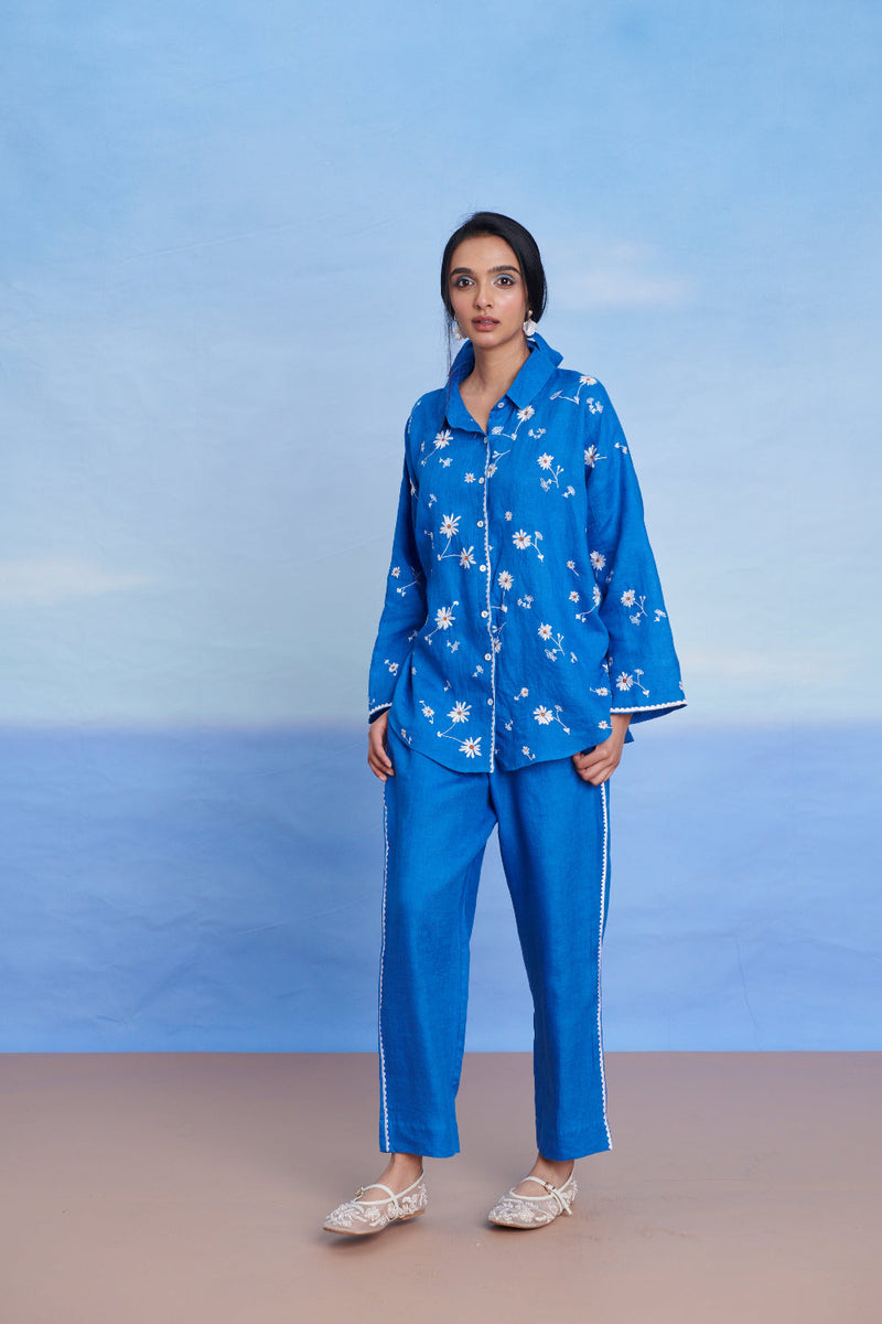 Santorini Linen Pleated Pants linen by Saphed in blue color for women Worldwide