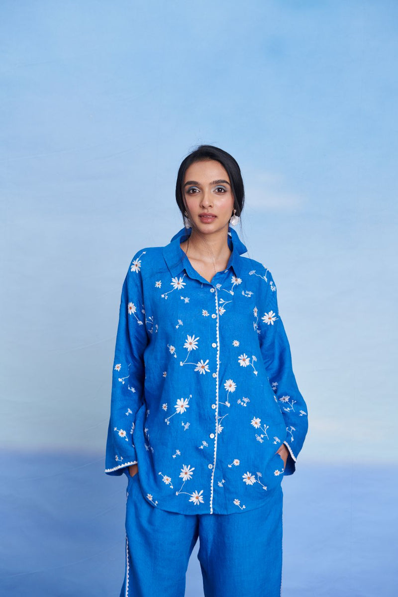Santorini Linen Oversized Flared Shirt Set linen by Saphed in blue color for women Worldwide