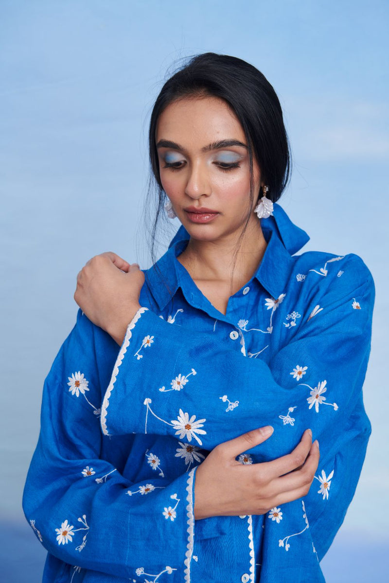 Santorini Linen Oversized Flared Shirt Set linen by Saphed in blue color for women Worldwide