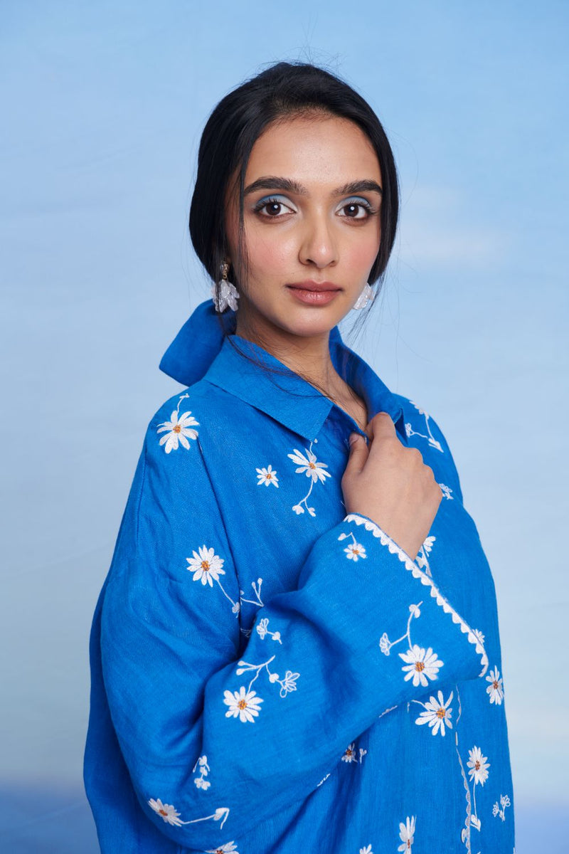 Santorini Linen Oversized Flared Shirt Set linen by Saphed in blue color for women Worldwide