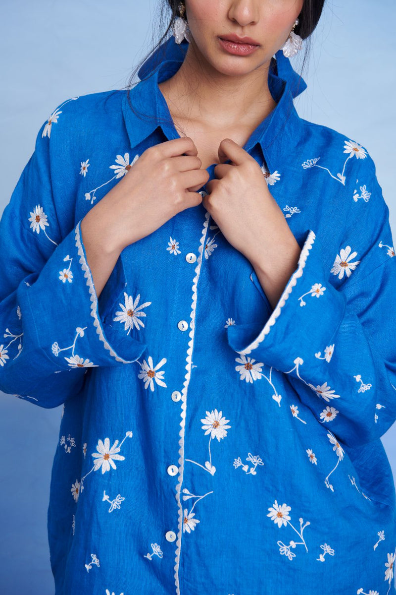 Santorini Linen Oversized Flared Shirt Set linen by Saphed in blue color for women Worldwide
