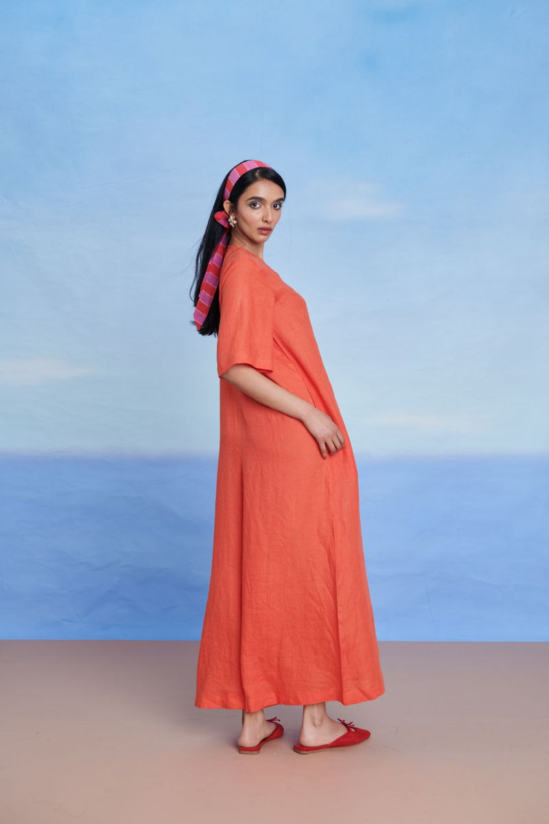 Tangerine Linen Half Sleeves Flared Jumpsuit linen by Saphed in orange color for women Worldwide