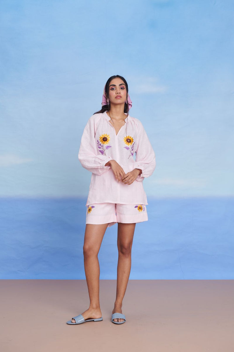 Fleur Linen Billow Top linen by Saphed in pink color for women Worldwide
