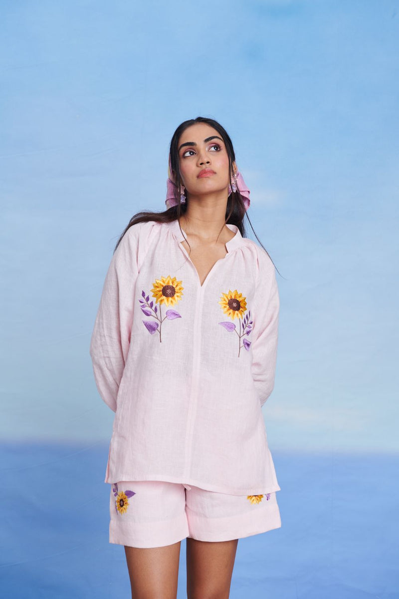 Fleur Linen Billow Top linen by Saphed in pink color for women Worldwide