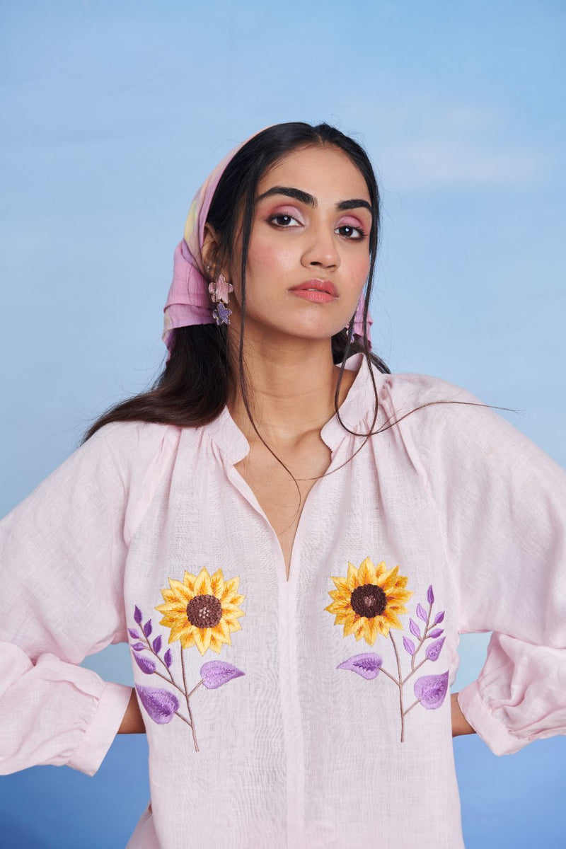 Fleur Linen Billow Top linen by Saphed in pink color for women Worldwide