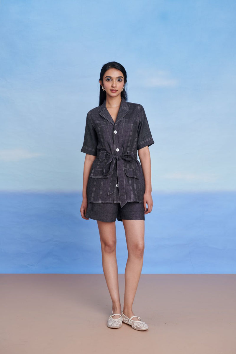 Graphite Linen Denim Front Tie Jacket and Shorts Set linen by Saphed in charcoal color for women Worldwide