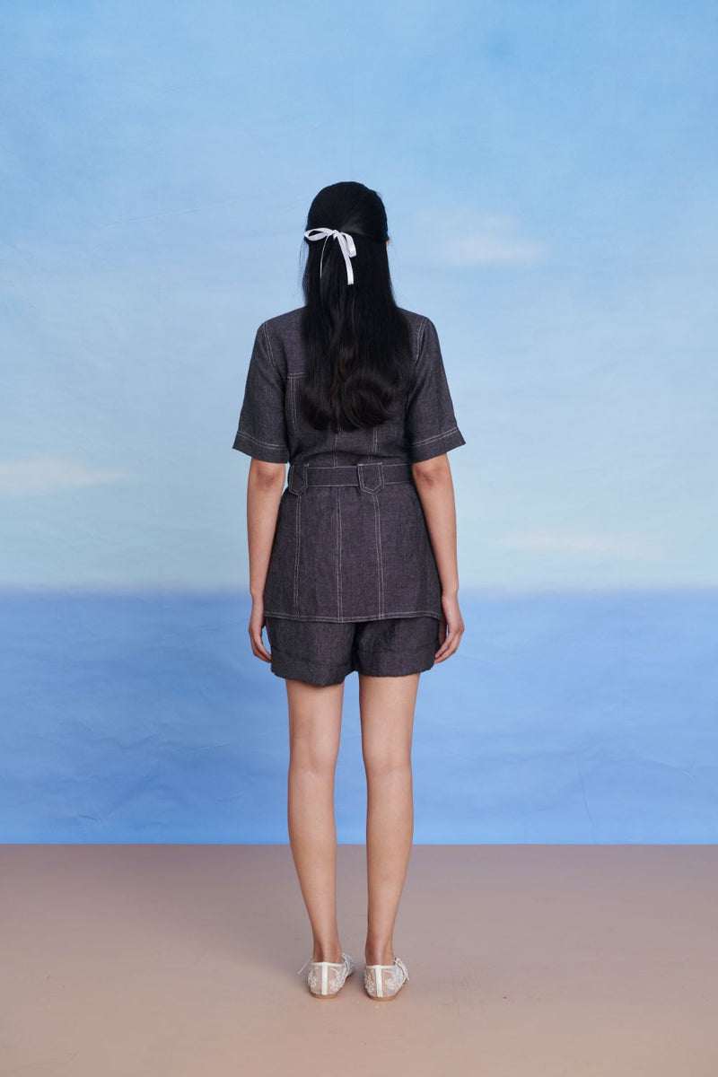 Graphite Linen Denim Front Tie Jacket and Shorts Set linen by Saphed in charcoal color for women Worldwide