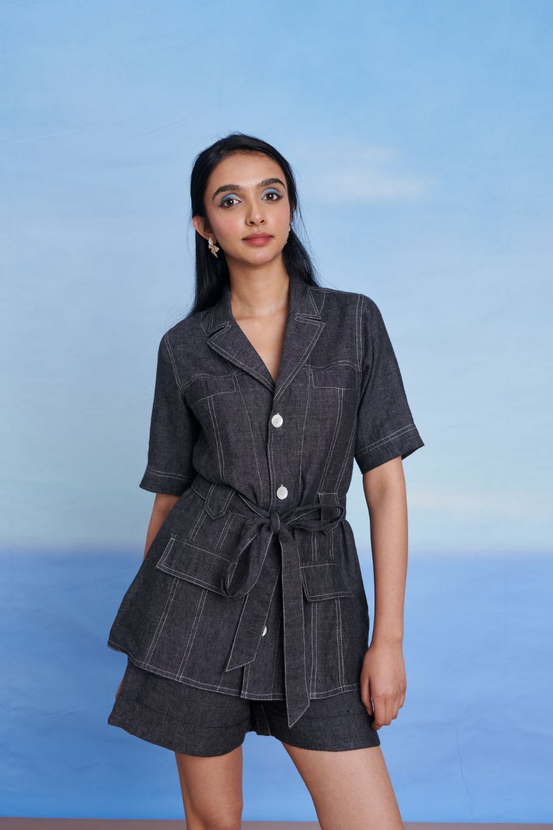 Graphite Linen Denim Front Tie Jacket and Shorts Set linen by Saphed in charcoal color for women Worldwide