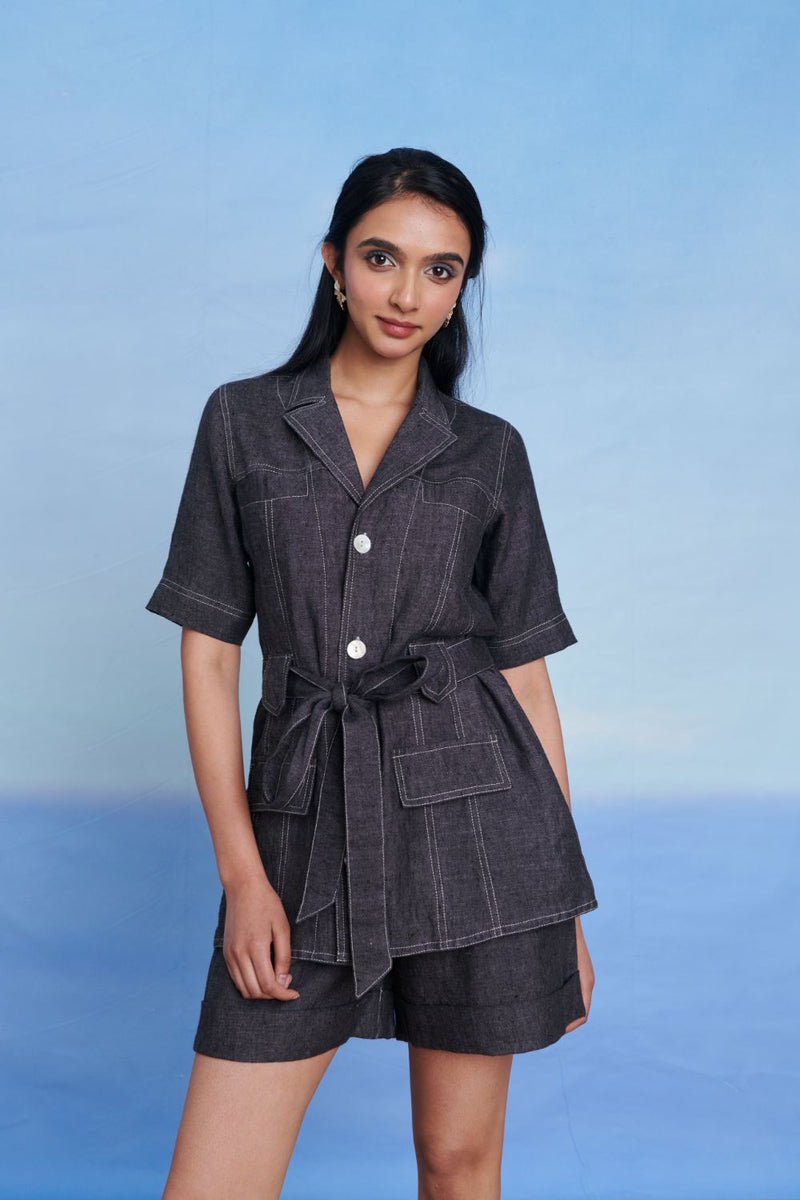 Graphite Linen Denim Front Tie Jacket and Shorts Set linen by Saphed in charcoal color for women Worldwide