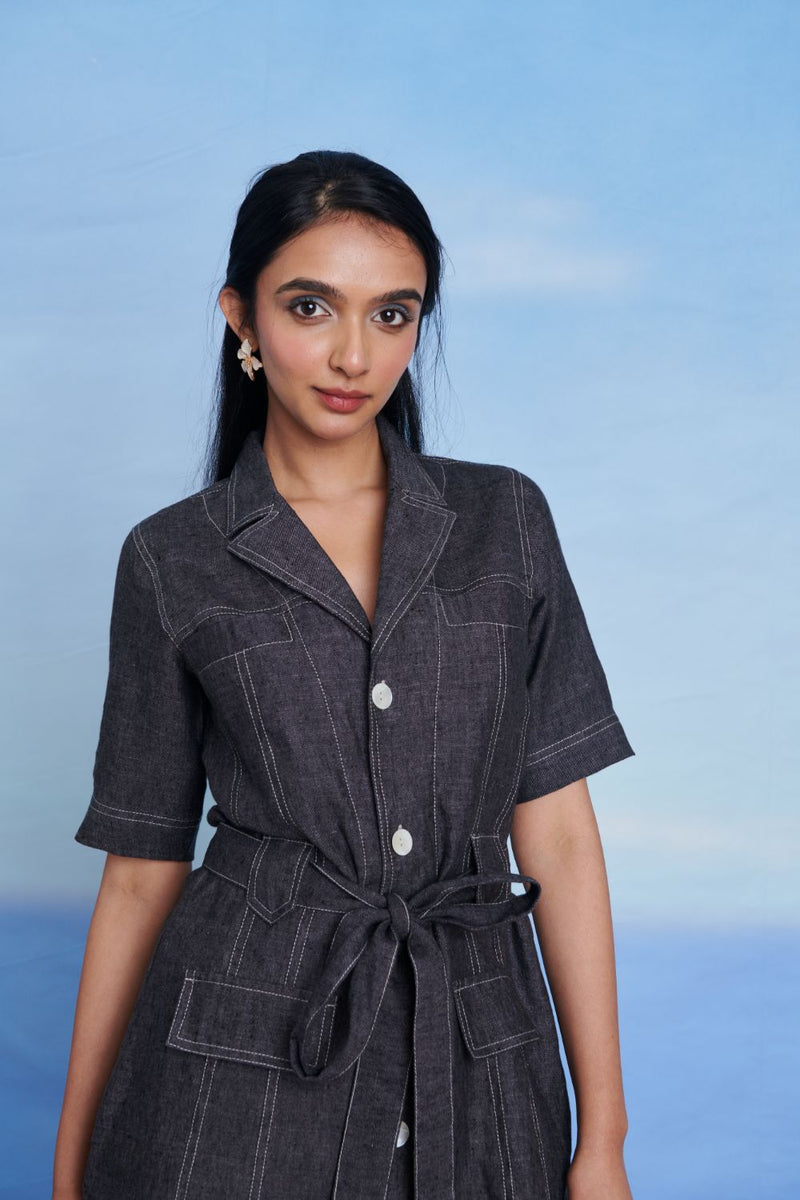 Graphite Linen Denim Front Tie Jacket and Shorts Set linen by Saphed in charcoal color for women Worldwide